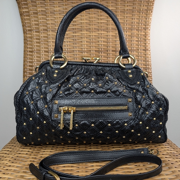 Marc Jacobs Handbags - Marc Jacobs Stam Stardust Snake Print Black Leather Satchel Bag Gold Stud Detail